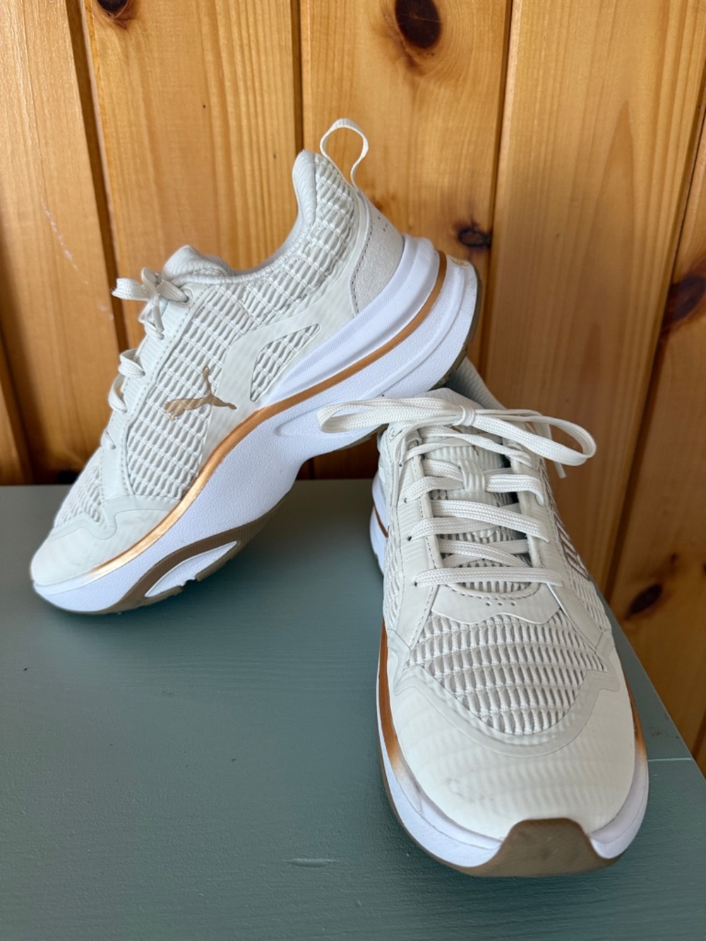 Puma Women's Ivory Sneakers with Metallic Gold Accent